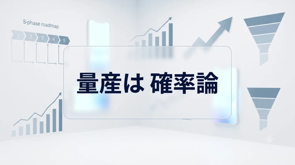 「量産は 確率論」の文字と5フェーズのロードマップ、右肩上がりの成果グラフを示すデータ可視化